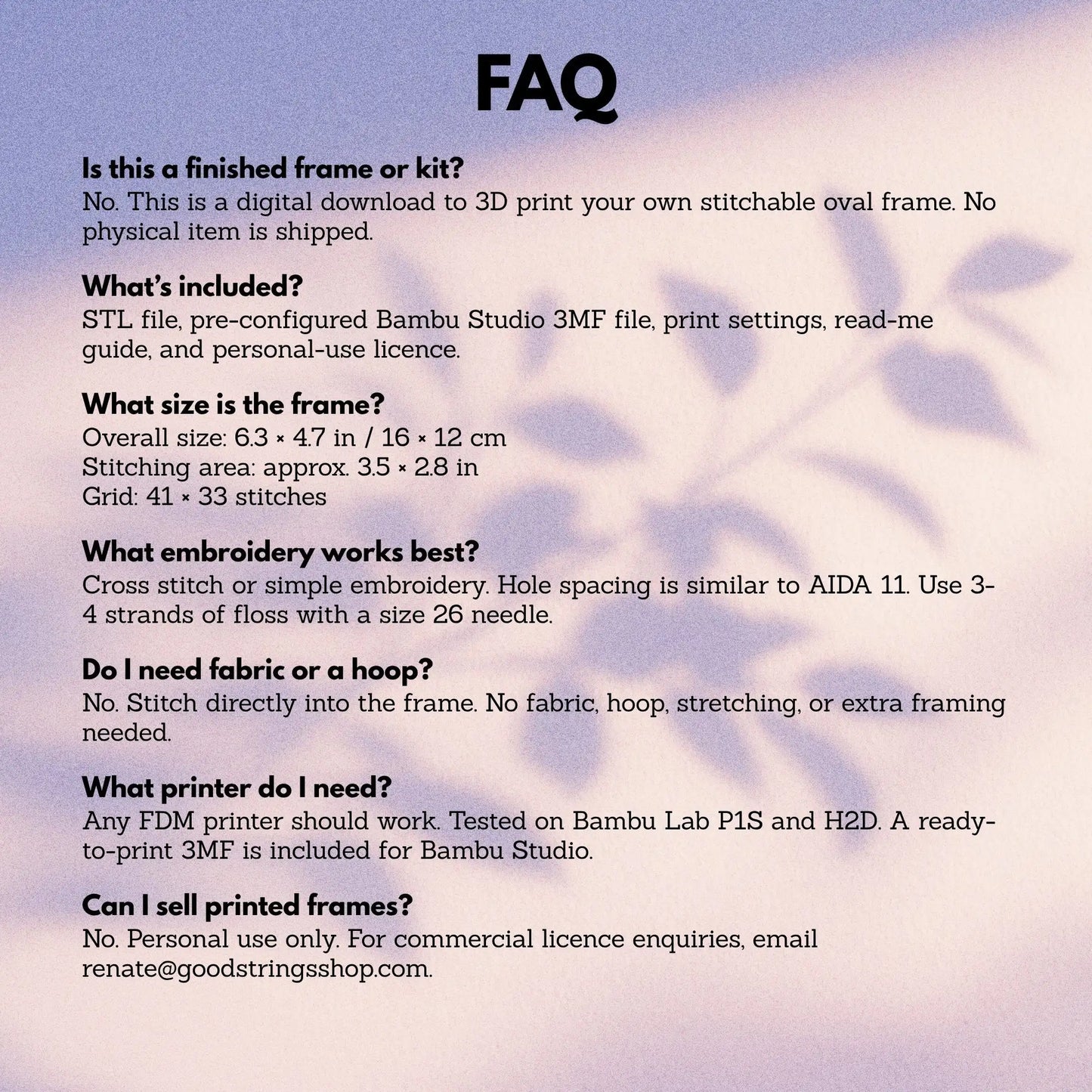 FAQ section about digital 3D printing frame or kit with text on a blurred floral background.