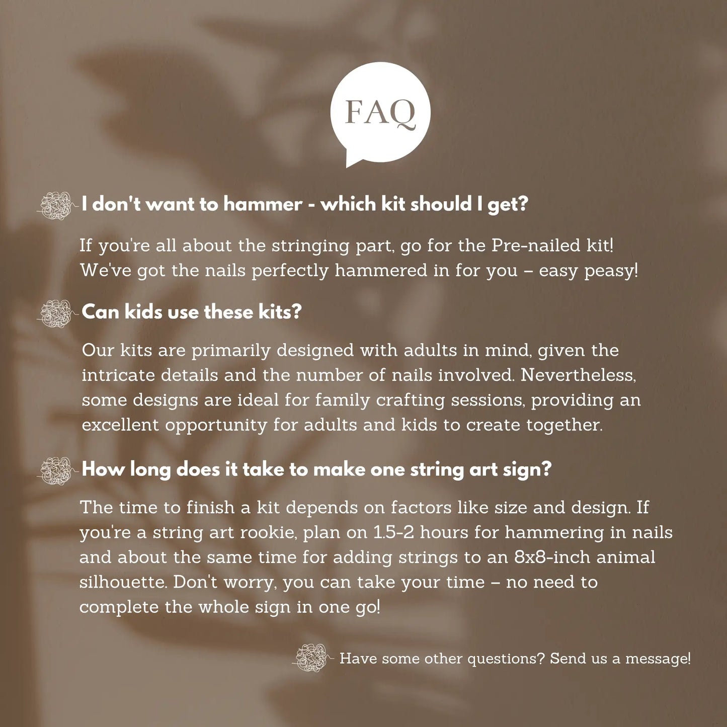 FAQ graphic explaining which string art kit to choose, if kits are kid-friendly, and how long each project typically takes.