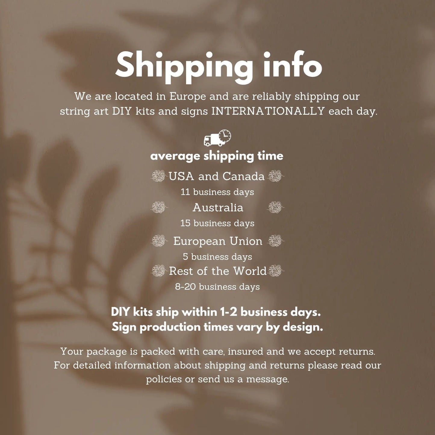 Shipping information for GoodStrings string art kits, with estimated delivery times to the USA, EU, and international destinations.