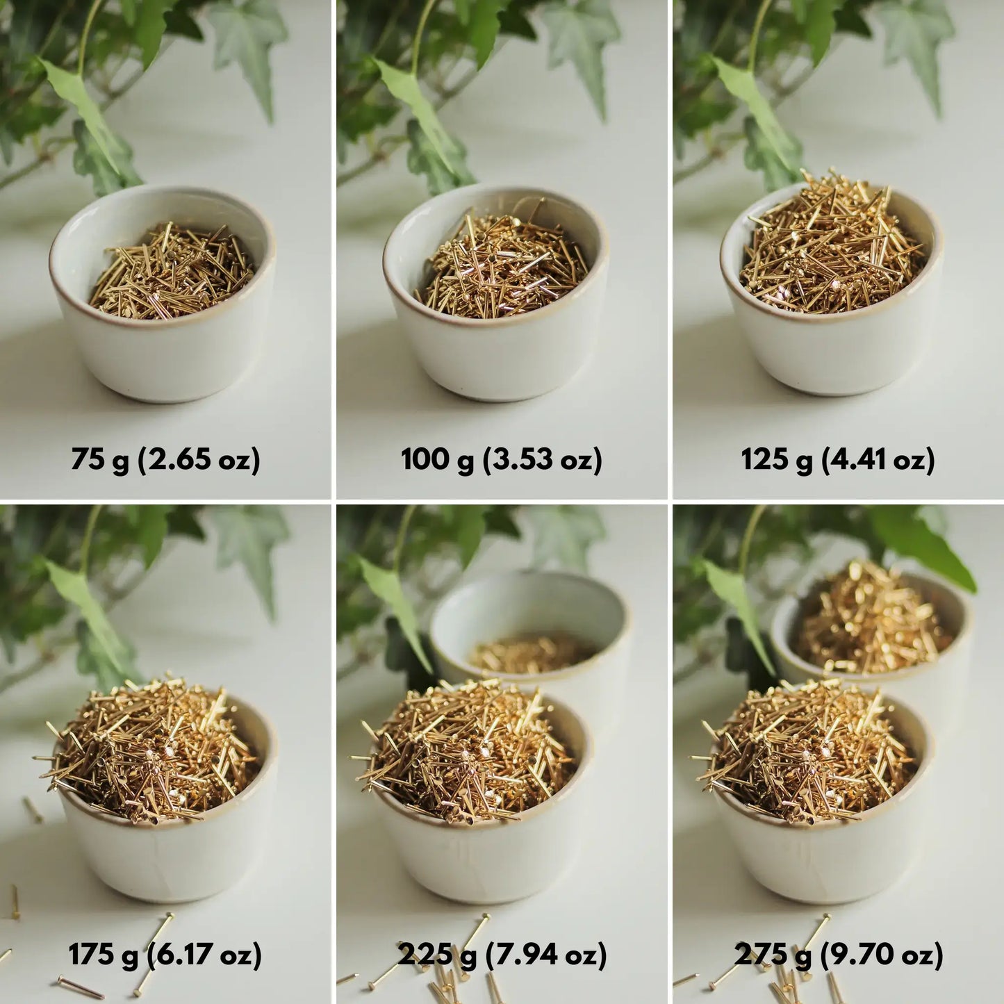 String art nails shown in different pack sizes, labeled in grams and ounces — 75 g to 275 g options for DIY craft projects.