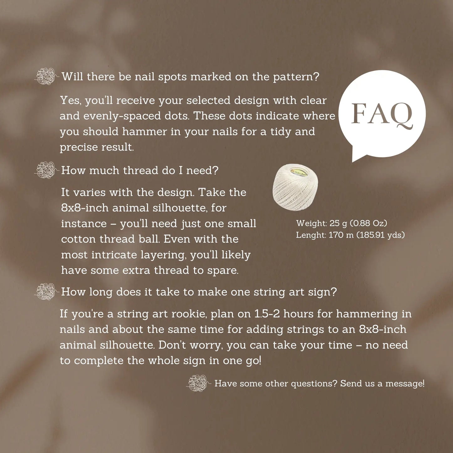FAQ on string art patterns: nail spots, thread needed, and time to complete. Suitable for all levels with clear string art design patterns.