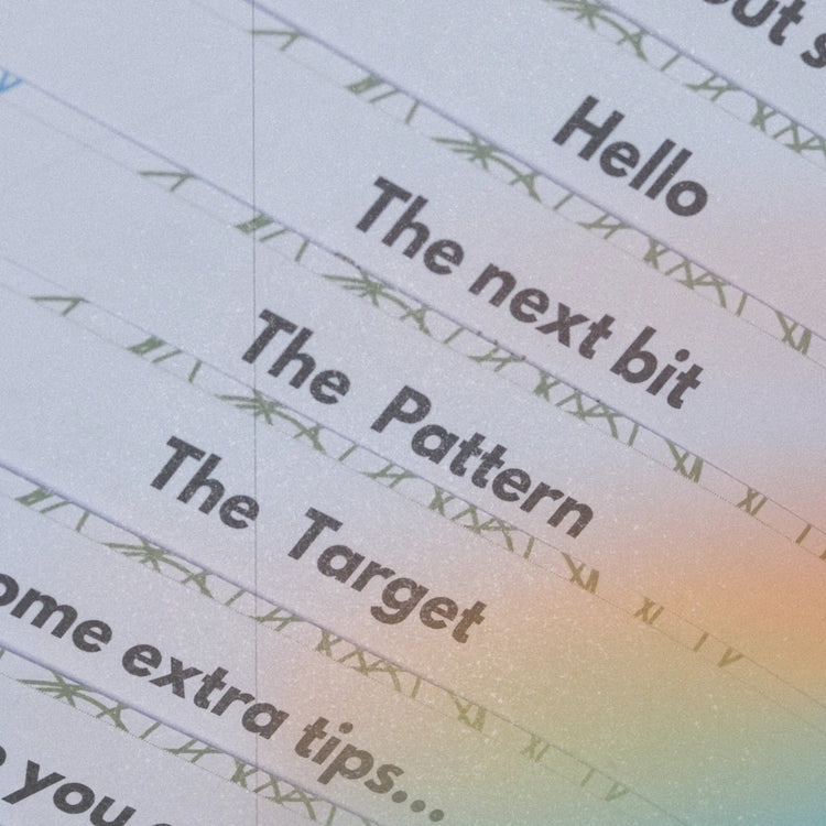 Close-up view of pages from a digital string art design pattern guide, featuring headings like 'The Pattern' and 'The Target' with step-by-step instructions for creating beginner-friendly string art projects.