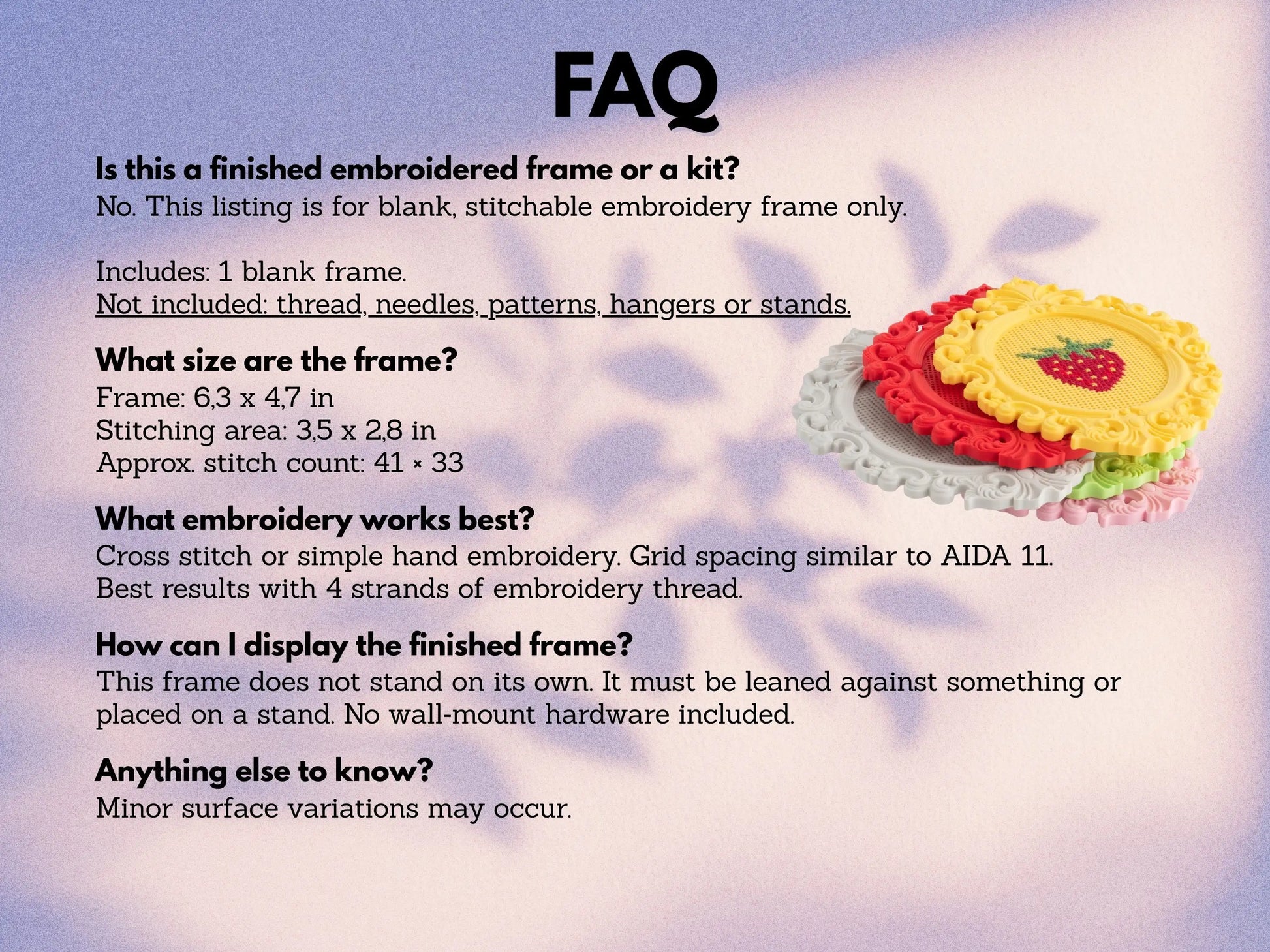 FAQ section about an embroidery frame with a blurred background of embroidered frames.