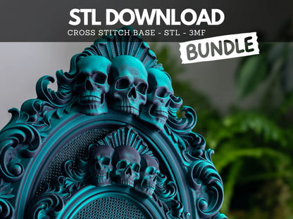 Teal 3D printed cross stitch frame with three skulls and baroque scrollwork, large and small sizes – STL file bundle