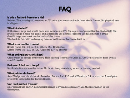 FAQ for the three skulls cross stitch frame STL files: sizes, filament, printer settings and licensing
