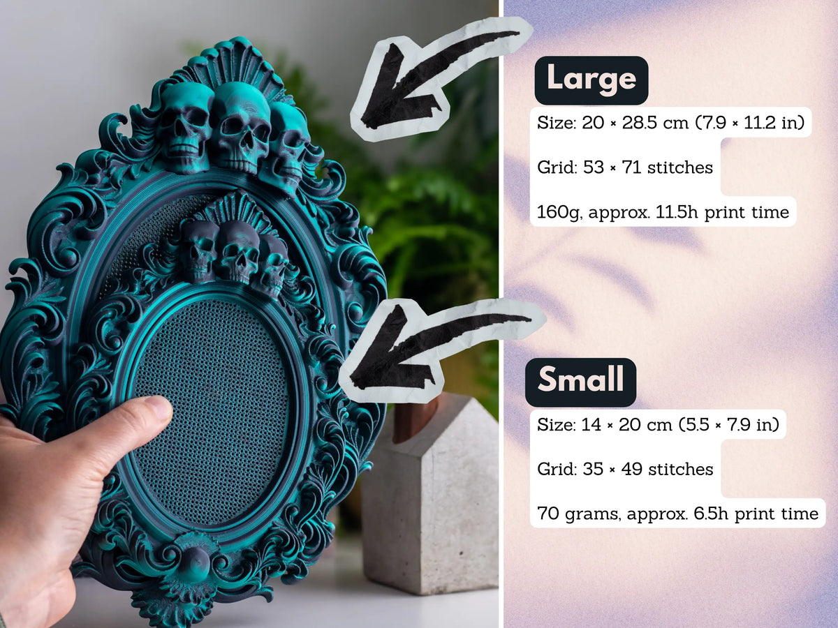 Large and small three skulls frames side by side with sizes, grid counts and print times