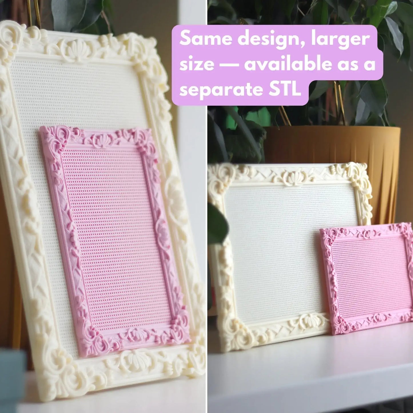 Cream large and pink small baroque rectangle cross stitch frames shown together for size comparison. Text reads: same design, larger size available as a separate STL.