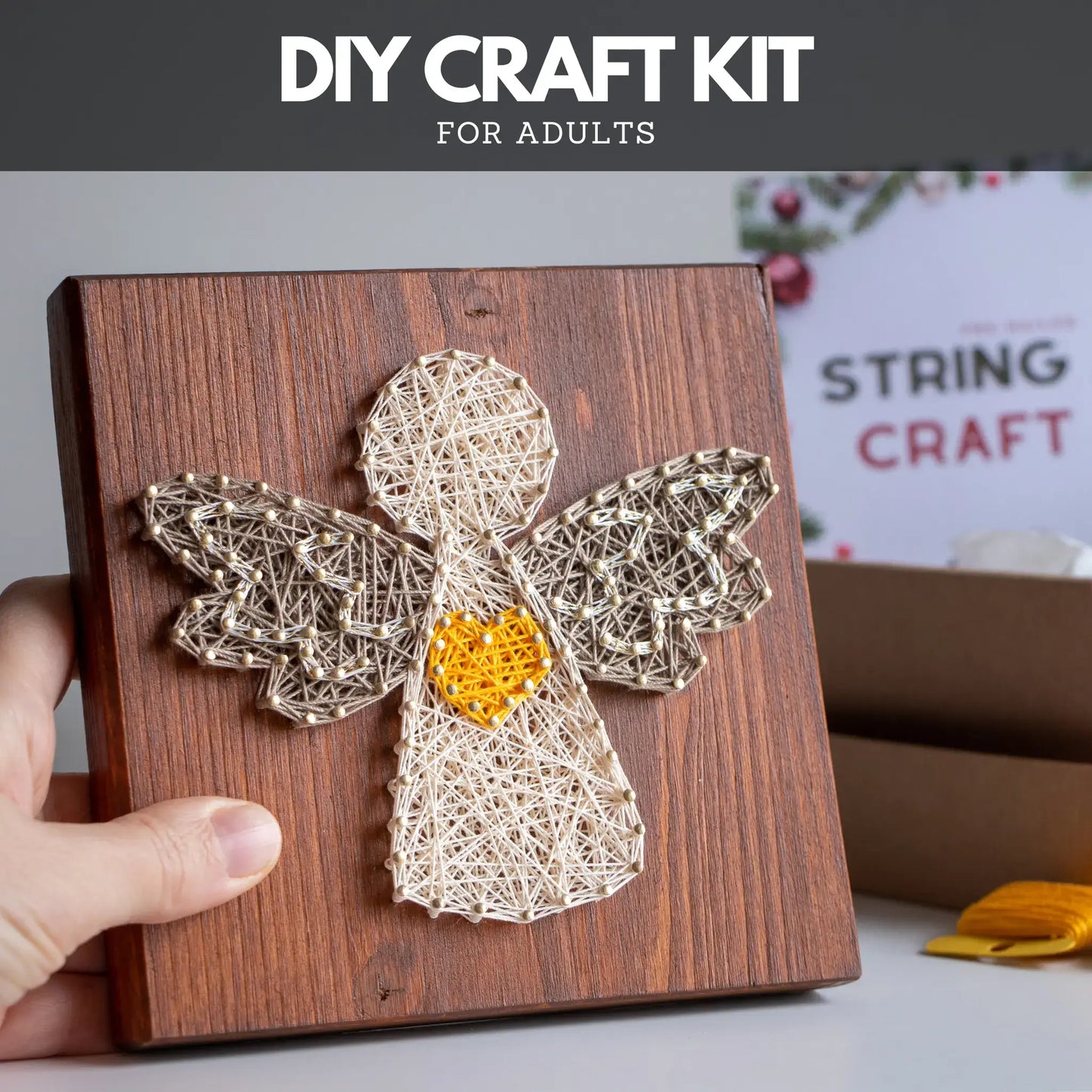 DIY craft kit for adults with string art angel on wooden board
