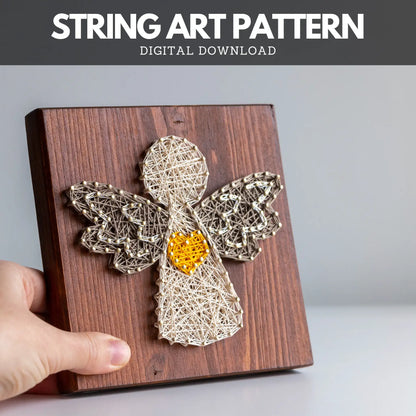 Angel string art pattern on dark wood board, digital download craft example.