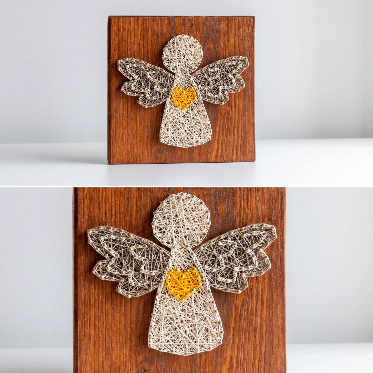 String art angel on a wooden board with a yellow heart, displayed against a white background.