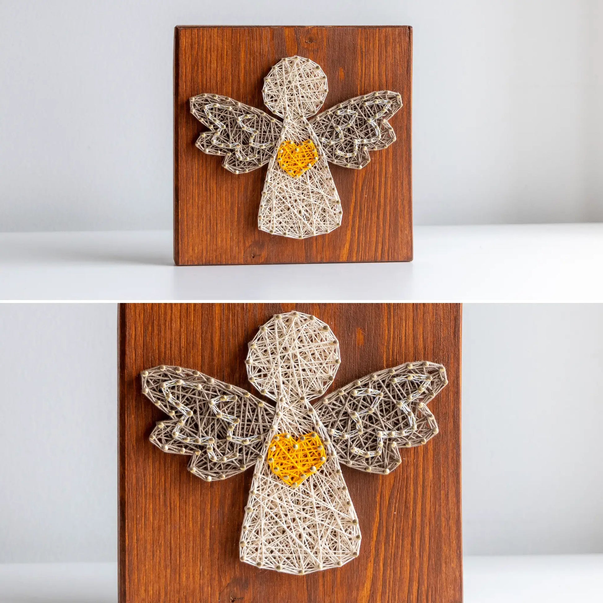 String art angel on a wooden board with a yellow heart, displayed against a white background.
