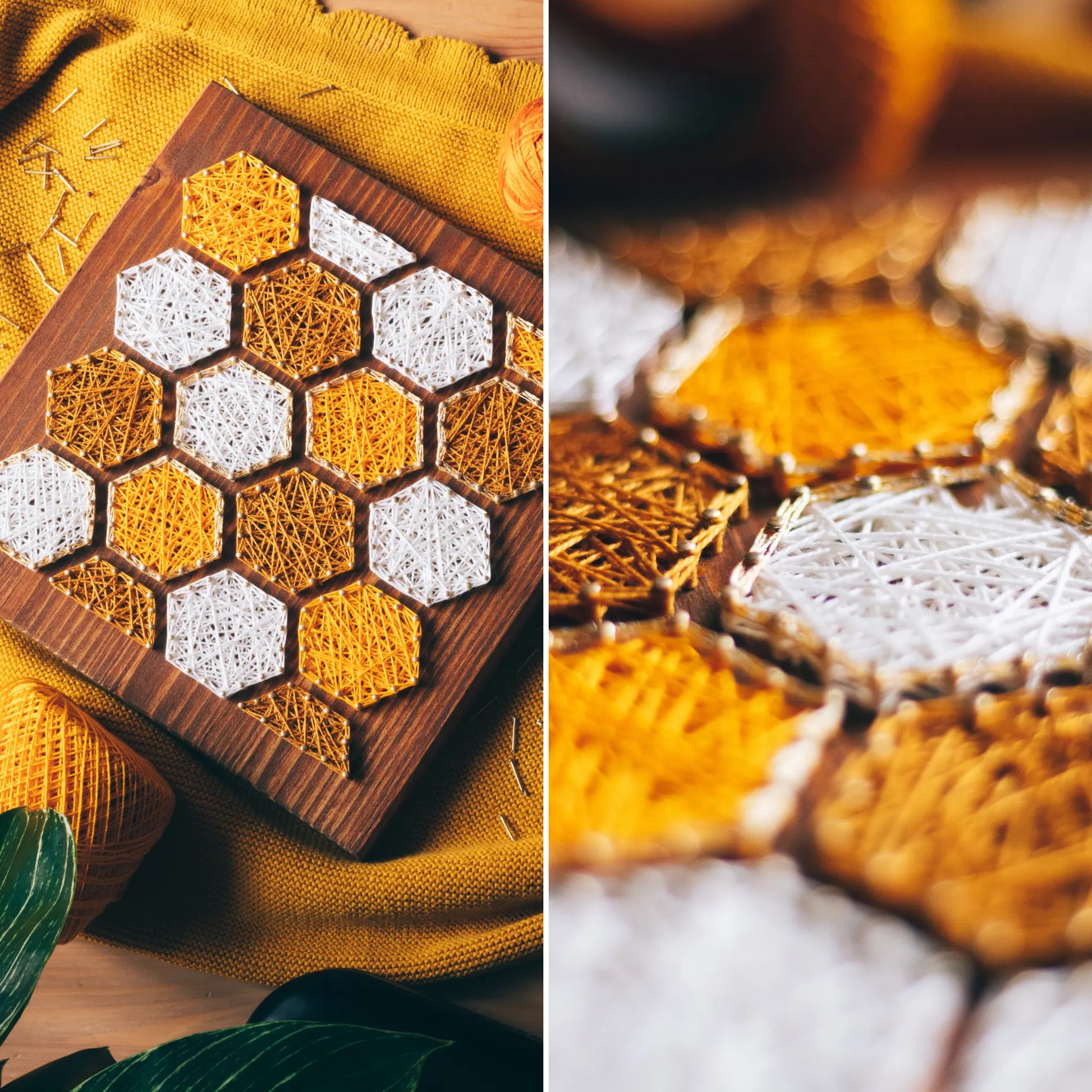 bee honeycombs string art sign on a wooden board made gold color nails and warm tone strings 