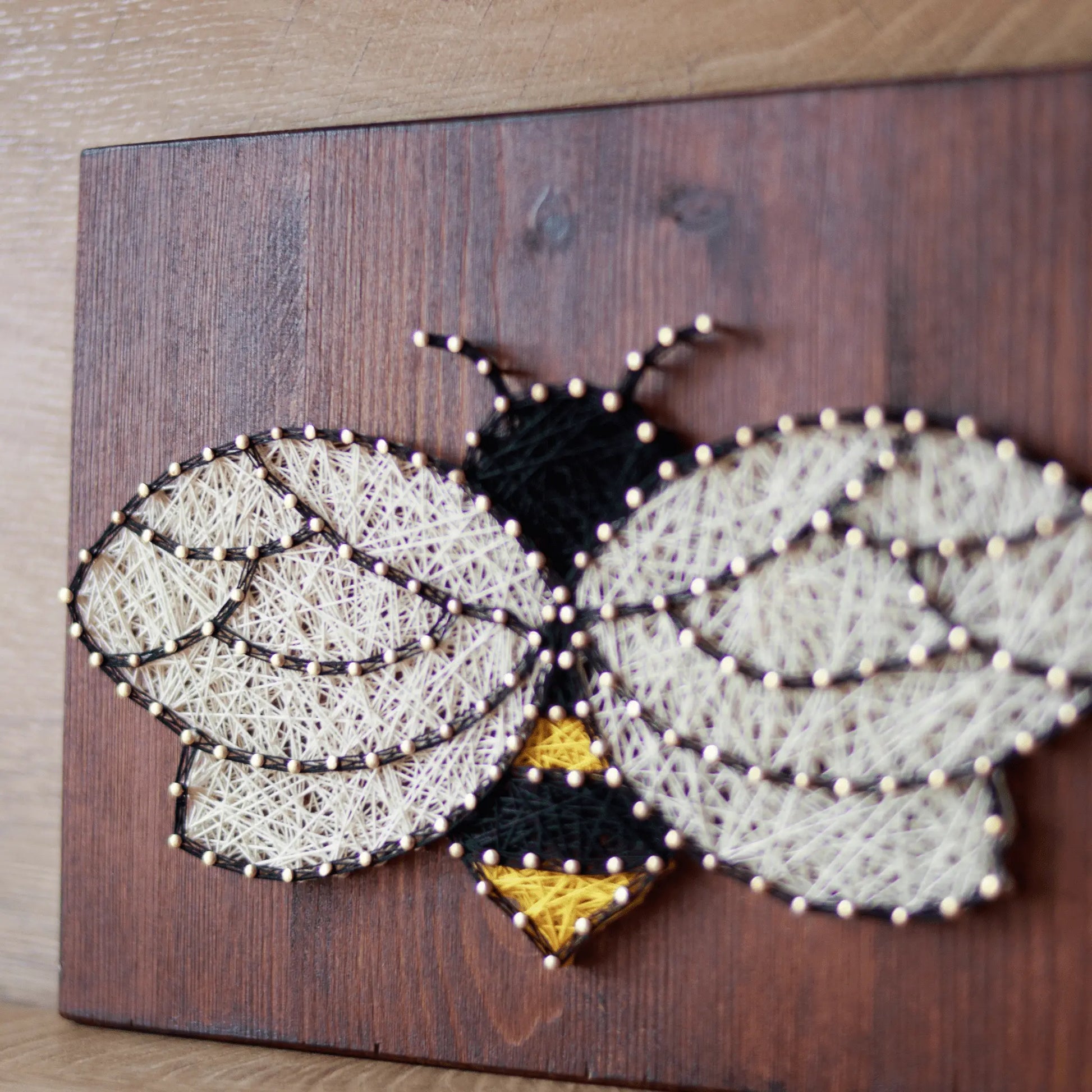 Bee string art on a wooden board featuring intricate threading in black, white, and yellow to form a detailed bee design.
