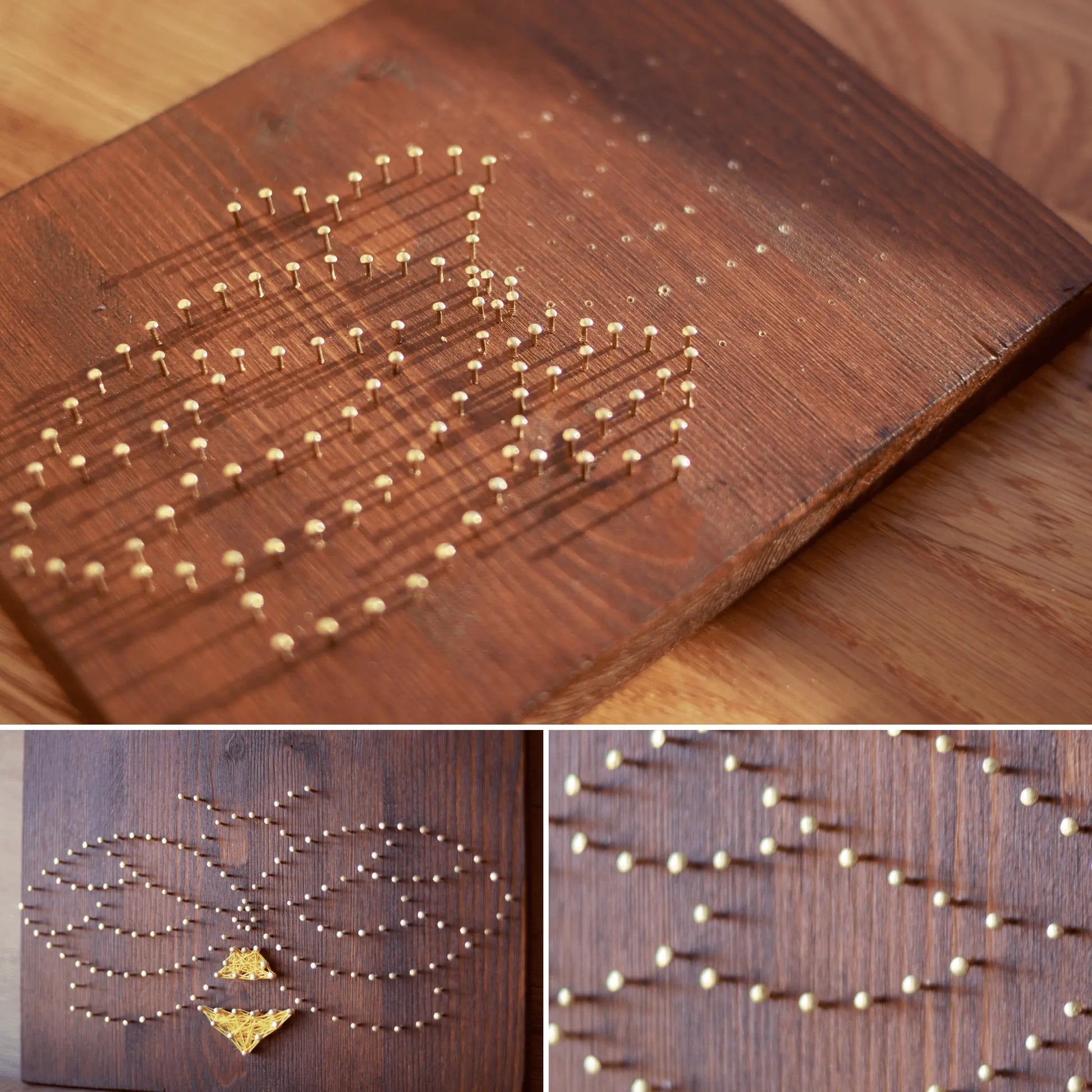 Step-by-step stages of a bee string art pattern, showing the nailing process and threading progression for this handmade craft.