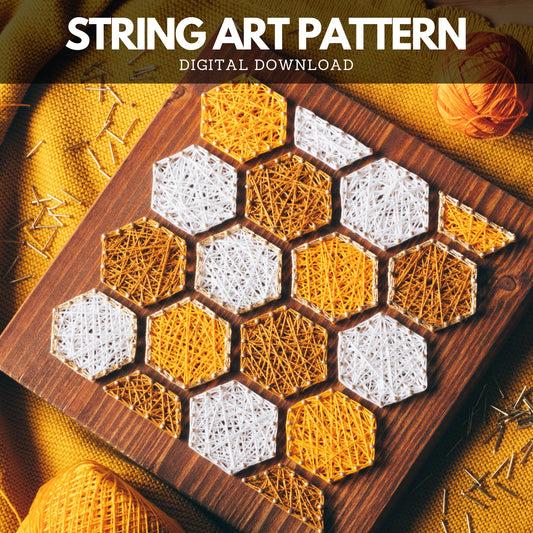 Bee honeycombs string art pattern featuring hexagonal designs in yellow and white thread on a wooden base. Available as a digital download for crafting enthusiasts.