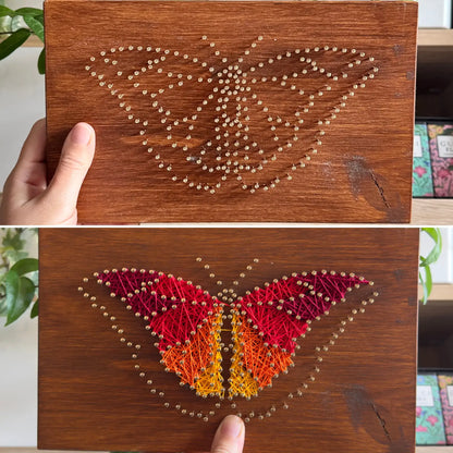 Butterfly string art pattern with printable design and instructions.