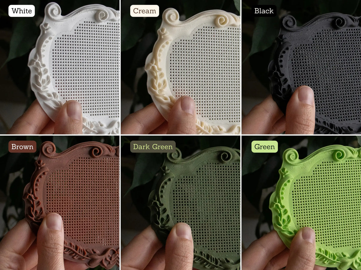Stitchable frame color options: White, Cream, Black, Brown, Dark Green, Green