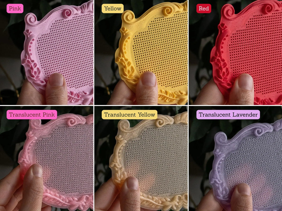 Stitchable frame color options: Pink, Yellow, Red, Translucent Pink, Translucent Yellow, Translucent Lavender