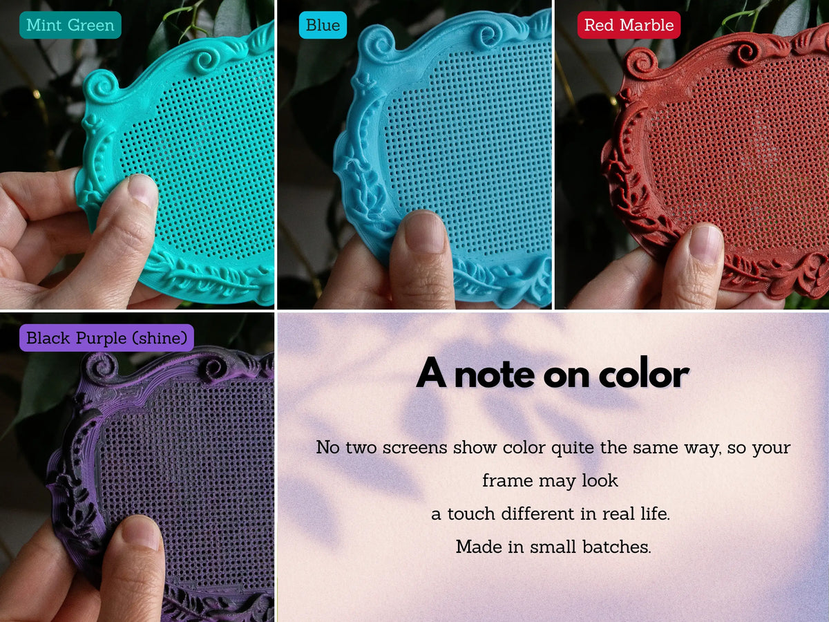 Stitchable frame color options: Mint Green, Blue, Red Marble, Black Purple