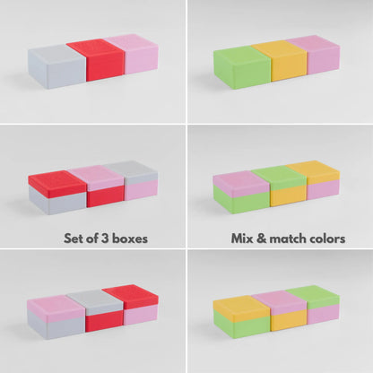 Set of three stitchable cross stitch boxes shown in different color combinations, demonstrating mix and match options for embroidery box sets