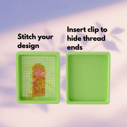 Step-by-step view of a green stitchable cross stitch box lid, showing stitched thread ends before and after inserting the inner clip