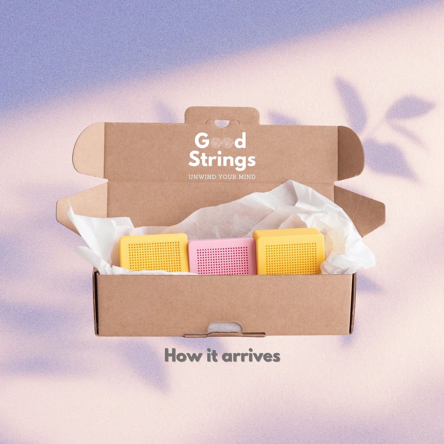 Set of three stitchable cross stitch boxes packed in a GoodStrings cardboard box, showing how the embroidery blank boxes arrive for shipping and gifting.