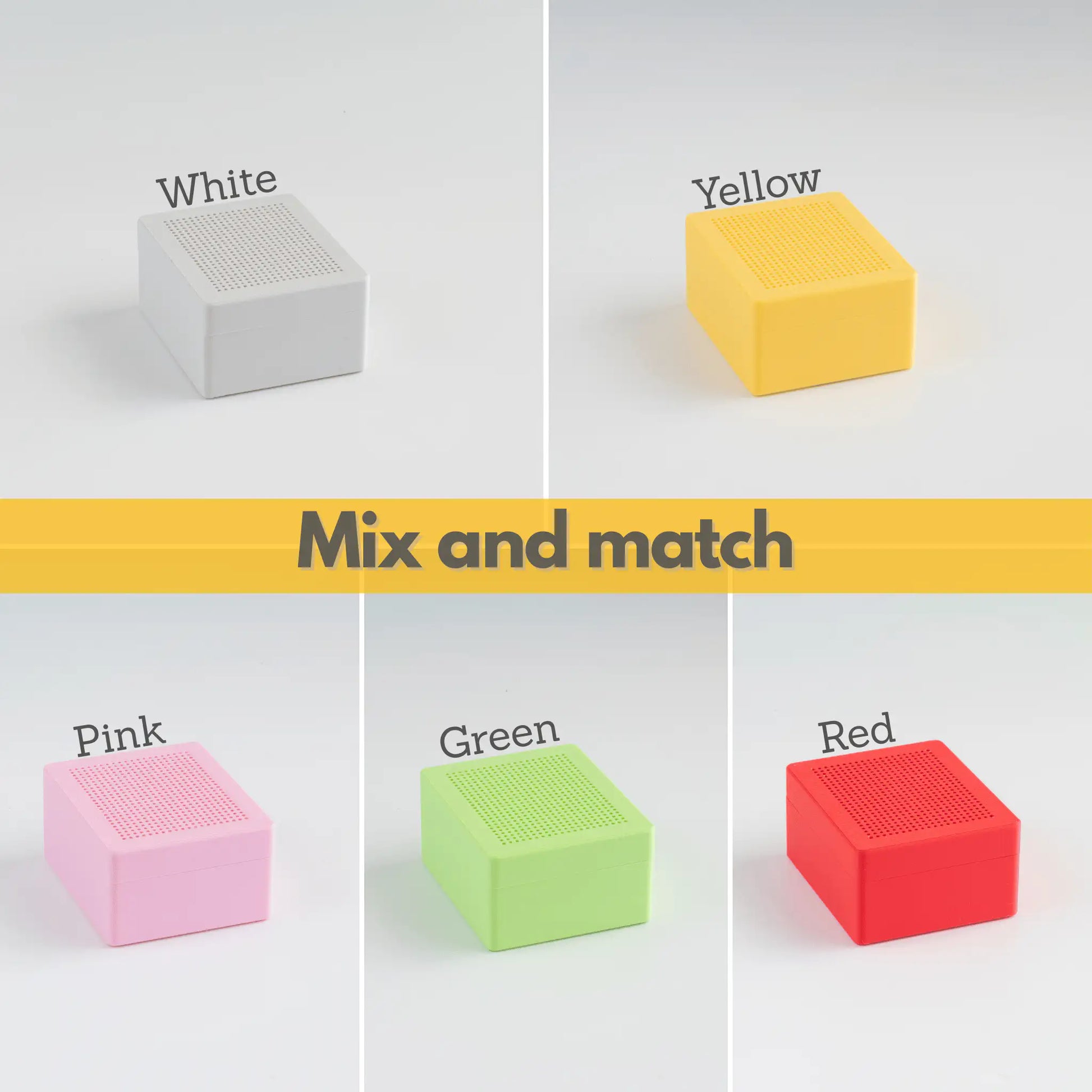 Blank cross stitch embroidery boxes shown in five colors (white, yellow, pink, green, red), stitchable box lids with evenly spaced holes, mix and match color options for modern hand embroidery and cross stitch projects.