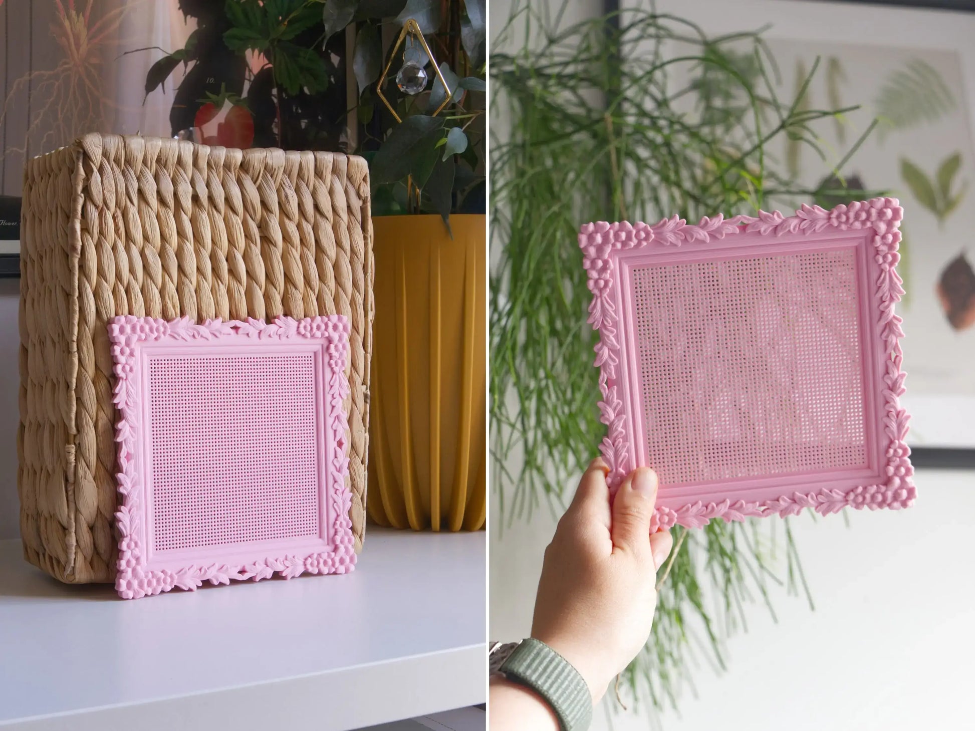 Split image showing the medium pink 3D-printed cross stitch frame displayed beside a woven basket and held up by hand. Its raised floral border and built-in perforated stitching grid are clearly visible.