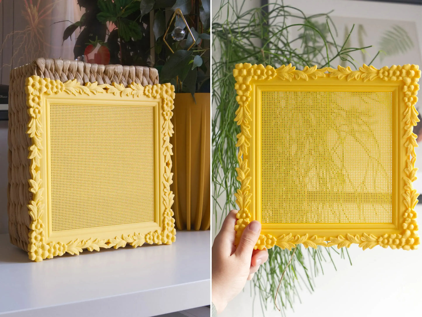 Split image showing the large yellow 3D-printed cross stitch frame displayed upright and held by hand. The one-piece square frame has a dense perforated grid and a raised border of flowers, leaves, and berries.