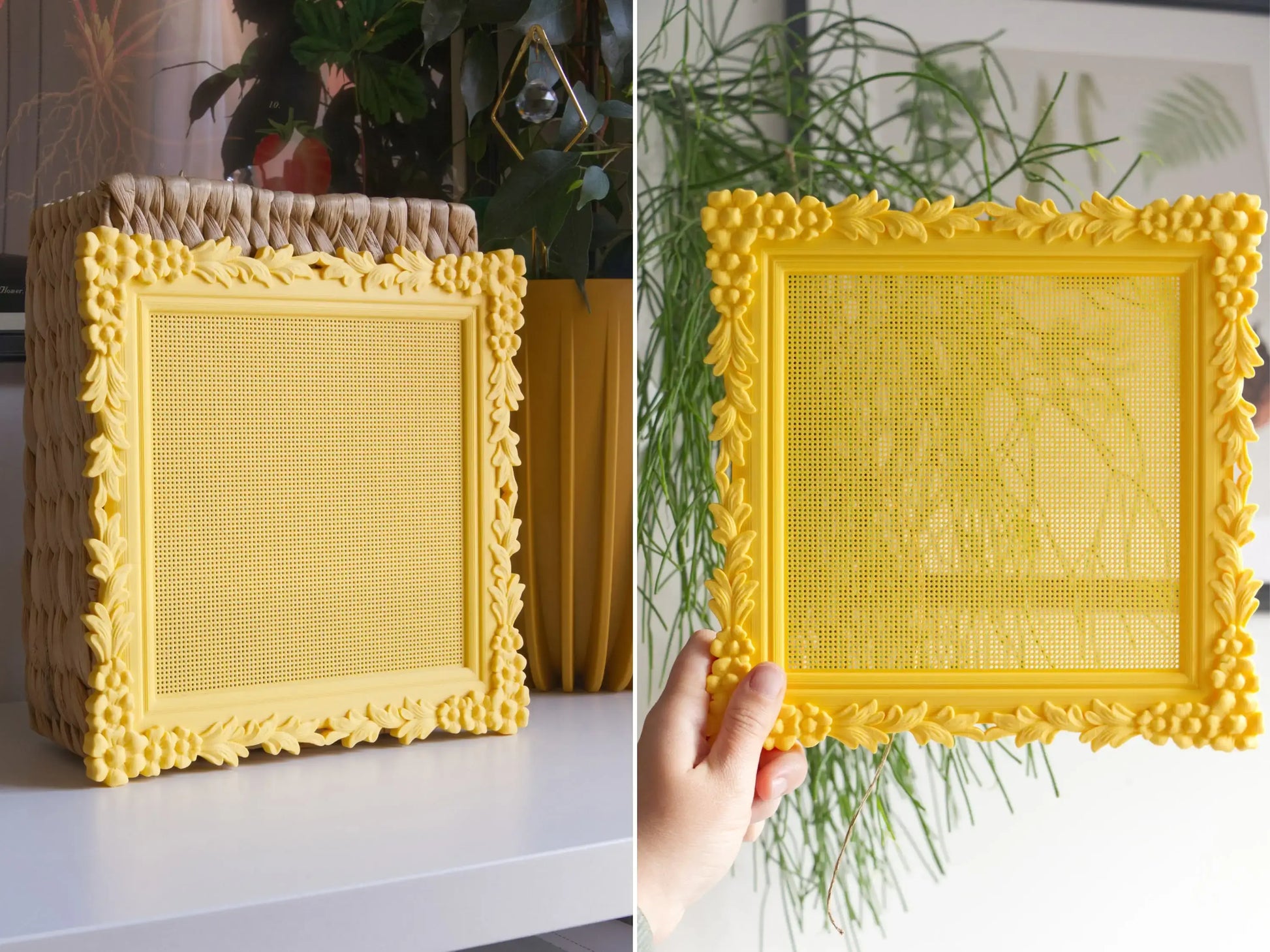 Split image showing the large yellow 3D-printed cross stitch frame displayed upright and held by hand. The one-piece square frame has a dense perforated grid and a raised border of flowers, leaves, and berries.