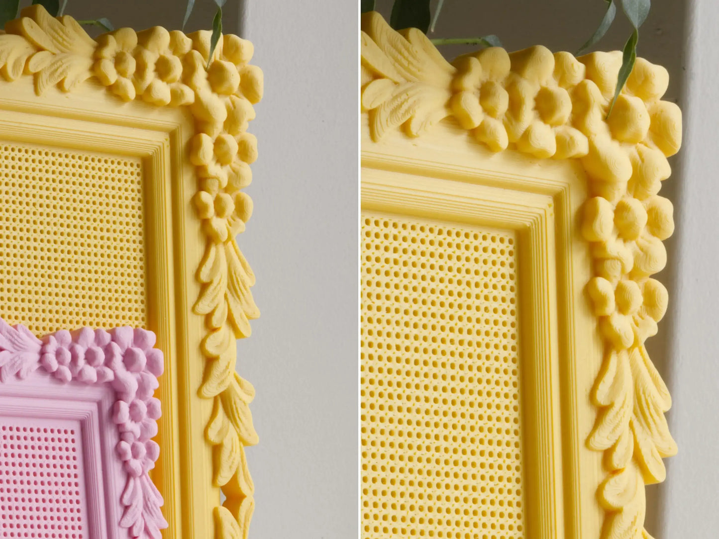 Two close-up views of the yellow 3D-printed frame, highlighting the raised flowers, cascading leaves, layered inner molding, and perforated stitching grid. Part of the smaller pink frame appears in front.