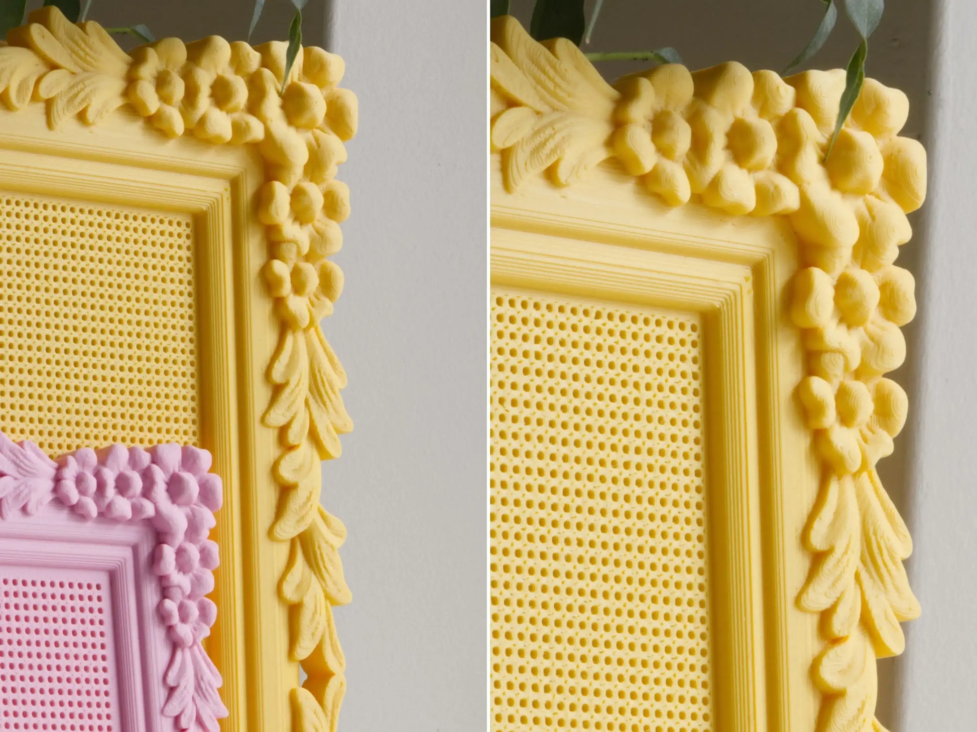 Two close-up views of the yellow 3D-printed frame, highlighting the raised flowers, cascading leaves, layered inner molding, and perforated stitching grid. Part of the smaller pink frame appears in front.