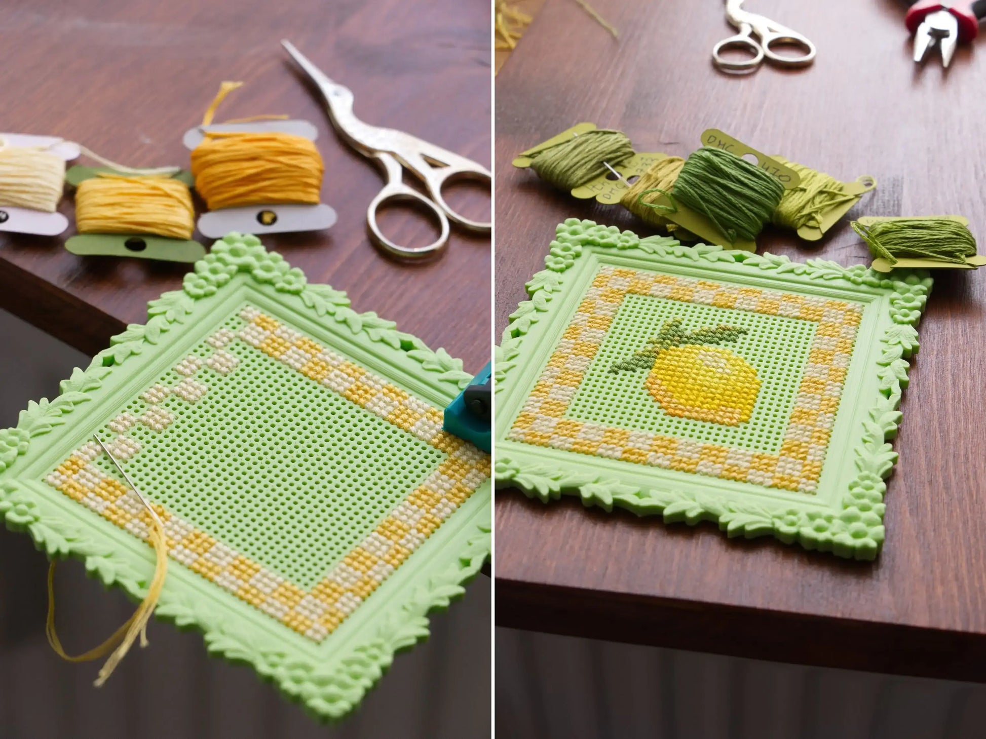 Split image showing embroidery in progress and completed on the small green 3D-printed frame. Yellow gingham and a lemon are stitched directly into the perforated grid, with floss cards, a needle, and scissors nearby.