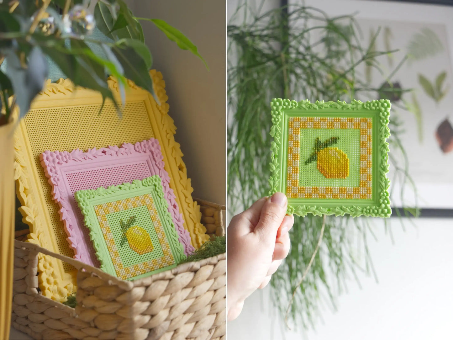 Split image showing three ornate 3D-printed cross stitch frames nested in a woven basket, and a hand holding the finished small green frame embroidered with a lemon and yellow gingham border.