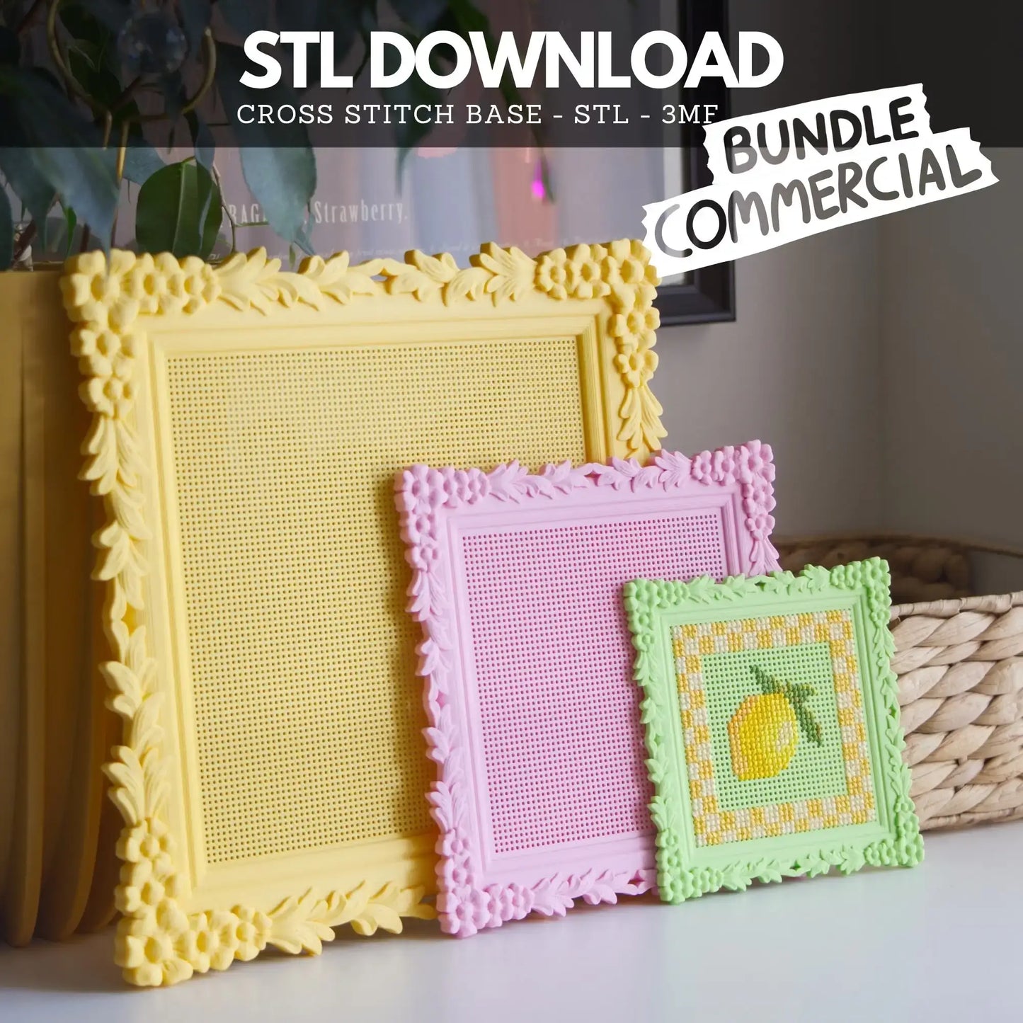 Three ornate 3D-printed cross stitch frames in large yellow, medium pink, and small green sizes. The green frame features a stitched lemon; the image promotes the commercial-use STL and 3MF bundle.