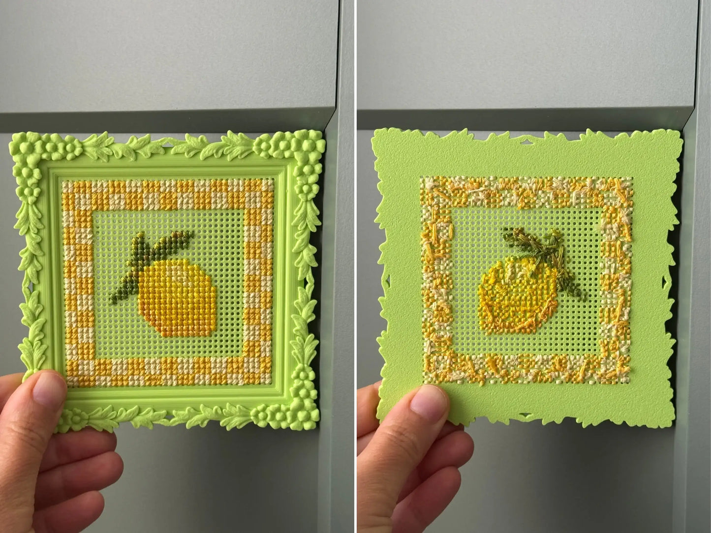 Side-by-side front and back views of the finished small green frame held by hand. The front shows a stitched lemon with a gingham border; the reverse reveals the embroidery threads and the solid back of the floral frame.