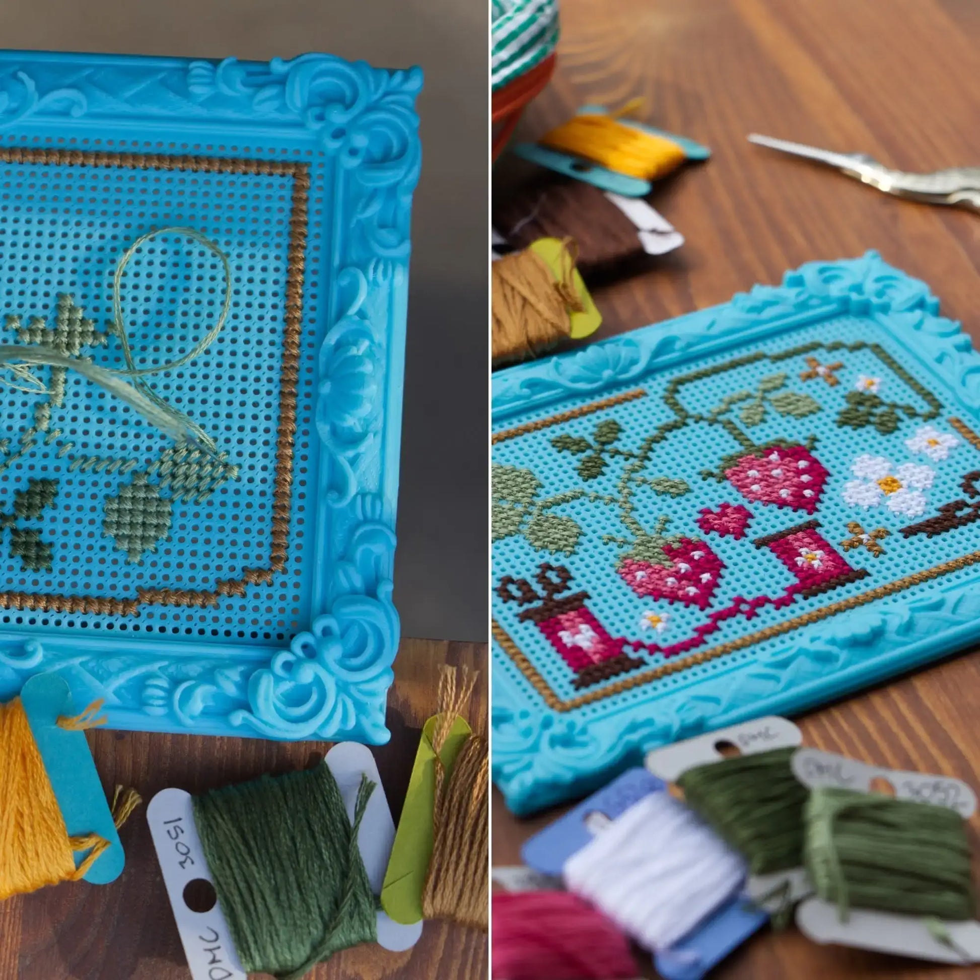 Blue baroque rectangle cross stitch frame shown mid-stitch and finished, with a strawberry and daisy design and embroidery floss on a wood surface.