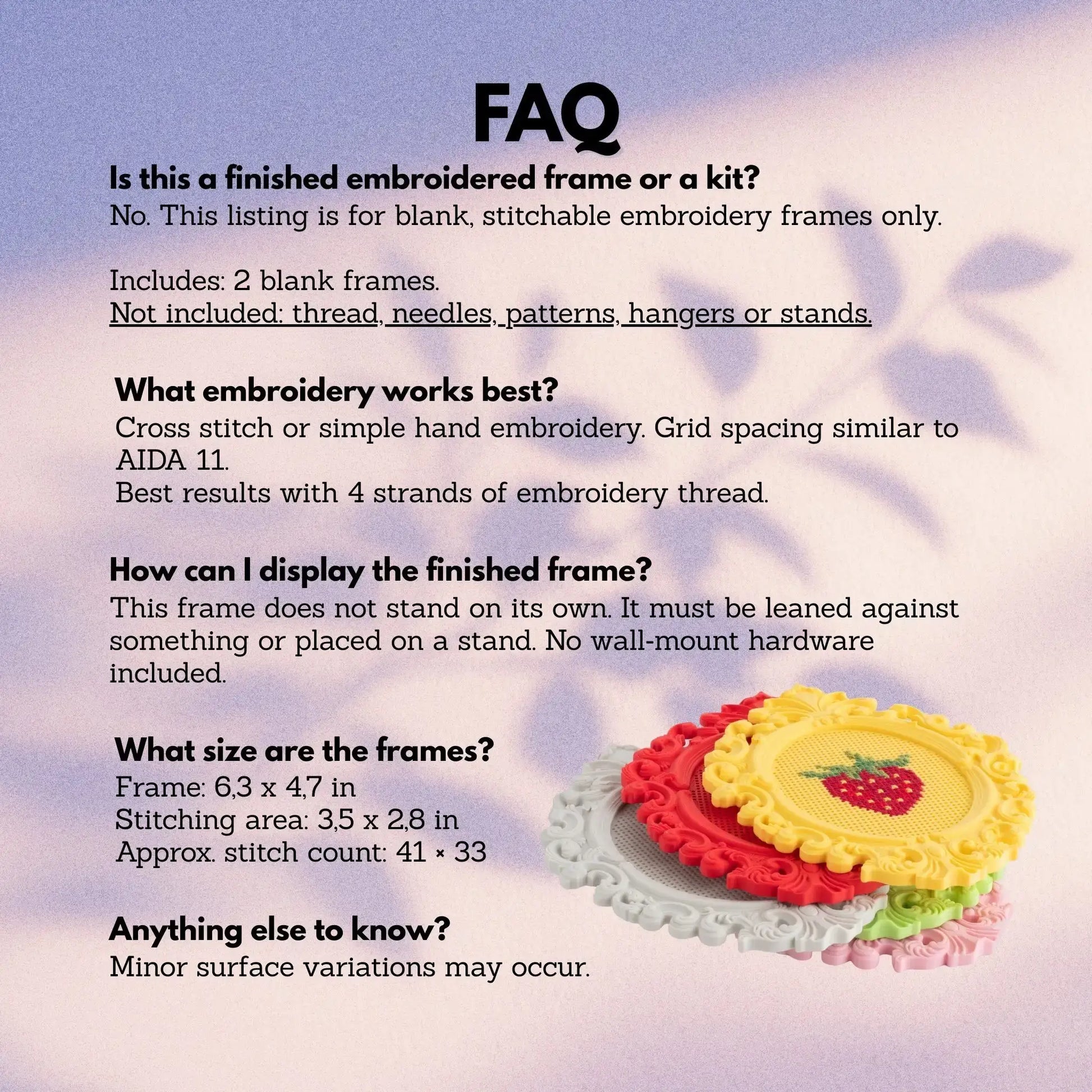 FAQ section about blank embroidery frames with a decorative frame in the corner.