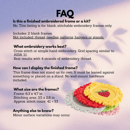 FAQ section about blank embroidery frames with a decorative frame in the corner.