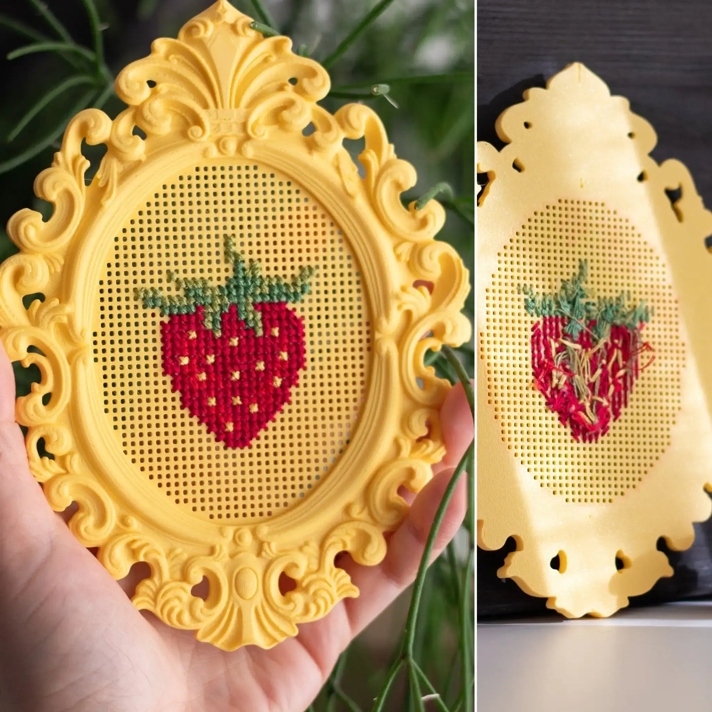 Front and back view of a stitchable cross stitch frame, showing a finished strawberry design on the front and the stitched thread ends on the back.