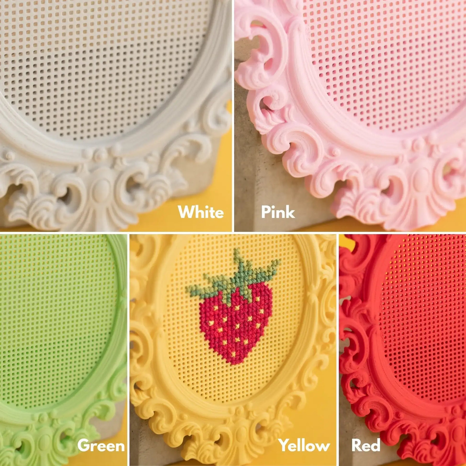 Stitchable cross stitch frames shown in different color options, including white, pink, green, yellow, and red.
