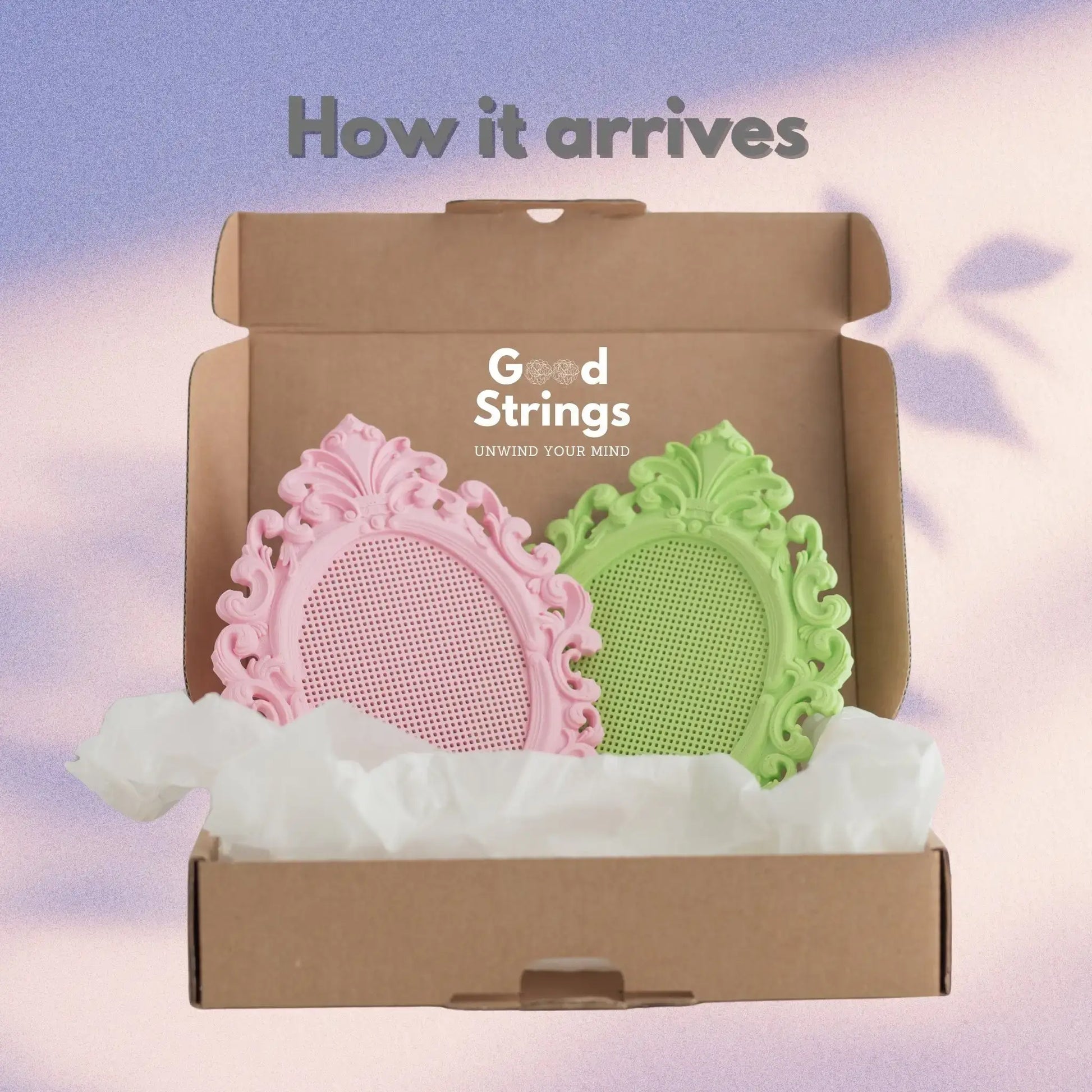 Set of two stitchable cross stitch frames packaged in a GoodStrings box, showing how the frames arrive for shipping.