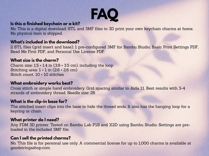 FAQ graphic explaining this is a digital STL and 3MF download, with answers on included files, charm size, embroidery, the clip-in base, printers and personal use.