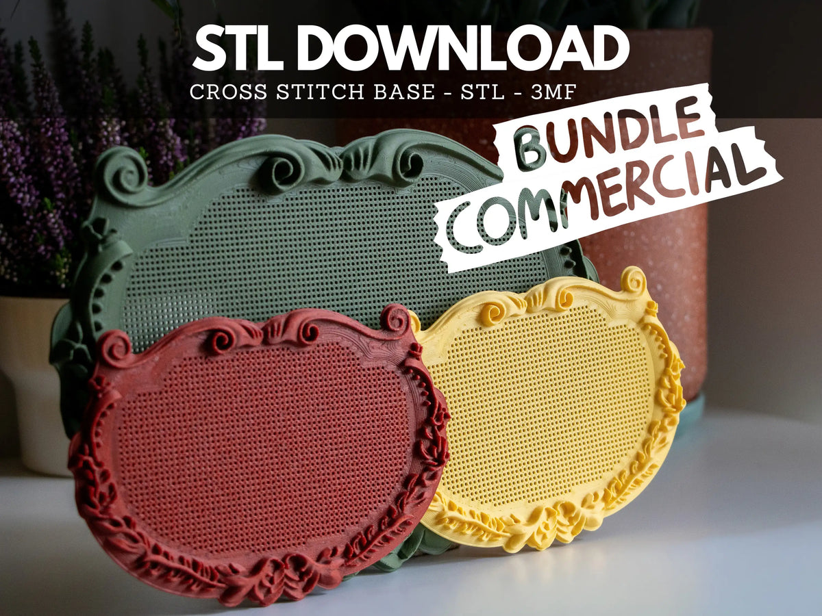 A large green and two small red and yellow ornate plaque cross stitch frames, 3D printed from the commercial-license STL bundle, showing blank perforated stitching grids and scrollwork borders.