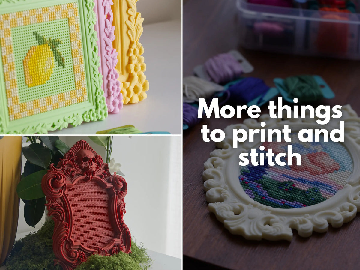 Collage of other GoodStrings cross stitch frame STL designs: floral frames with a stitched lemon, a red gothic skull frame, and a cream ornate frame with a finished cross stitch piece.