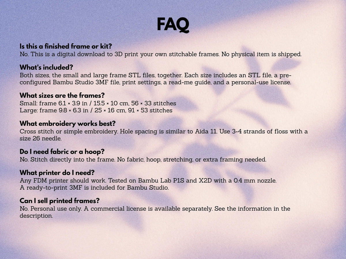 FAQ image for the ornate plaque cross stitch frame STL bundle, covering what's included, both frame sizes and stitch counts, recommended floss and needle, tested printers, and the personal use license.