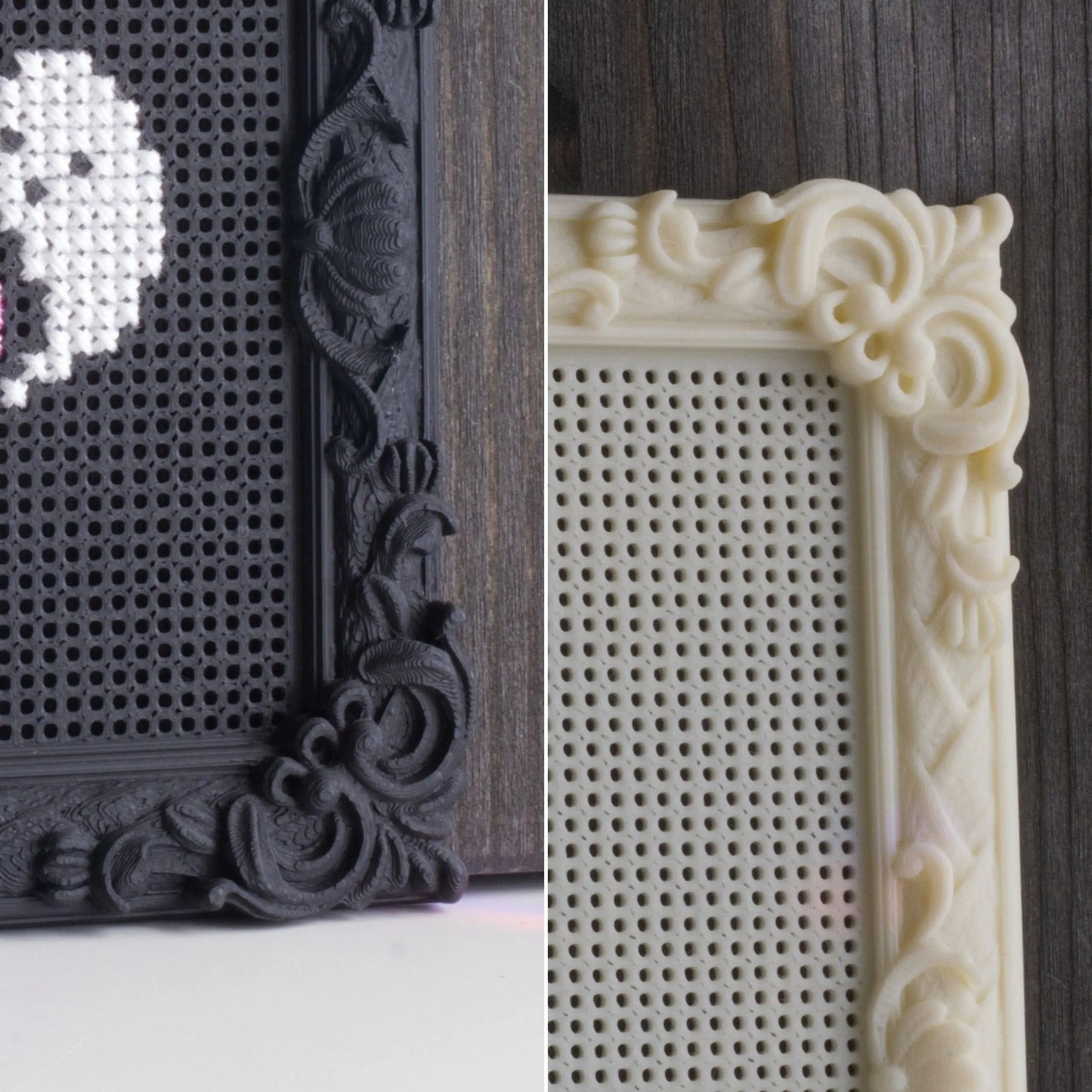 Close-up detail of black and cream decorative stitchable embroidery frames showing perforated cross stitch surface and ornate frame corners.