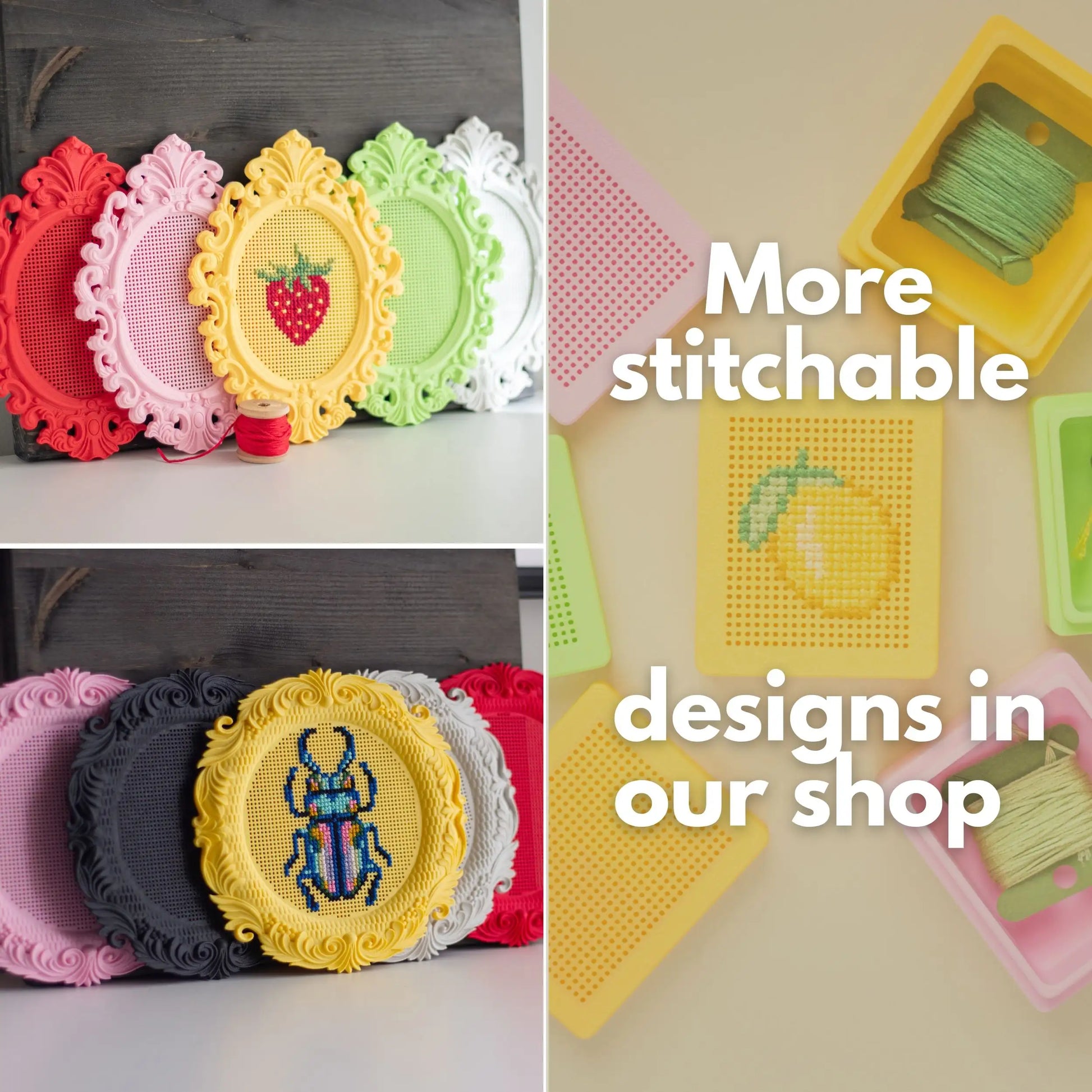 Collage showing colorful stitchable embroidery frames in multiple shapes and colors with example cross stitch designs and craft supplies.