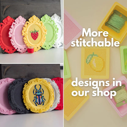 Collage showing colorful stitchable embroidery frames in multiple shapes and colors with example cross stitch designs and craft supplies.