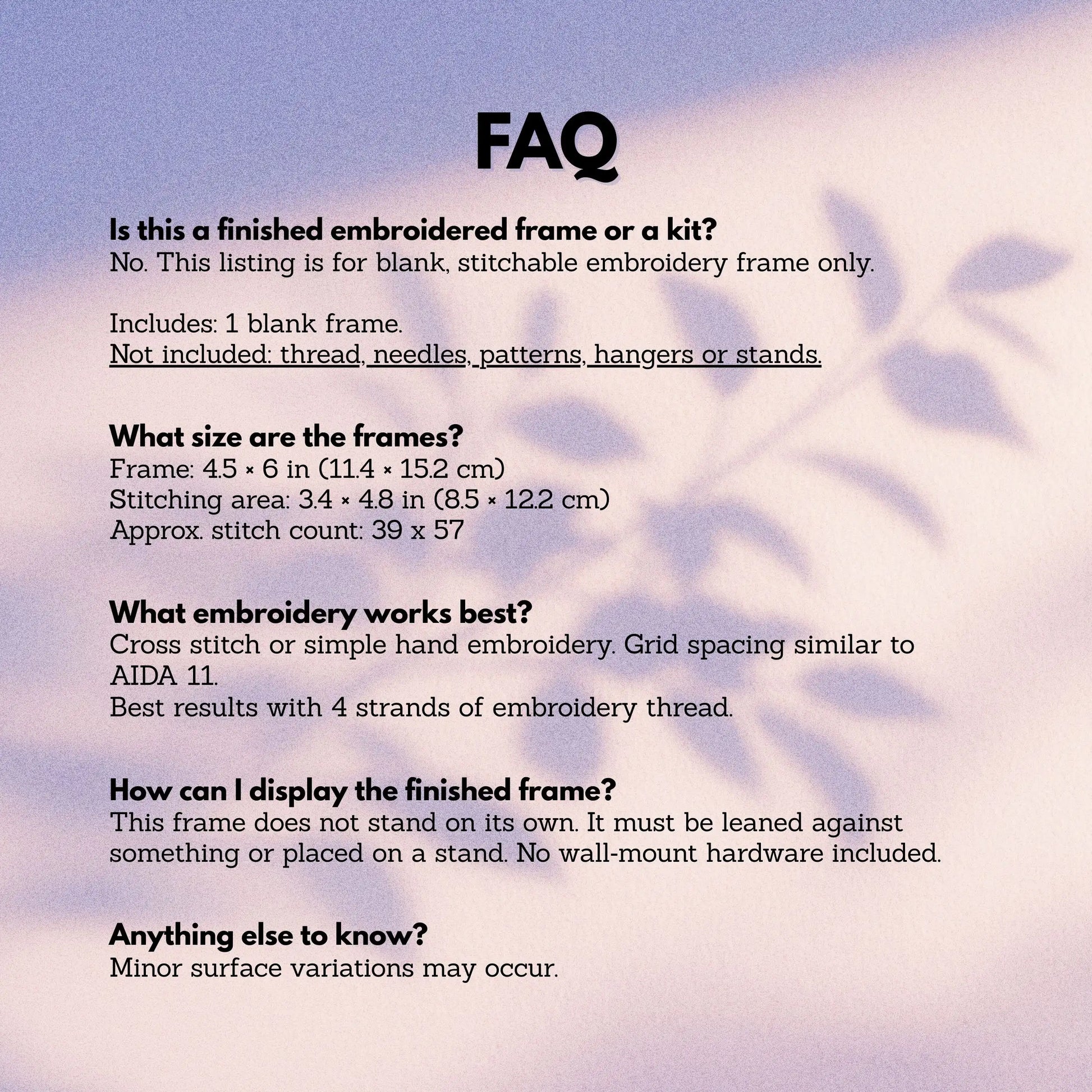 FAQ graphic explaining stitchable embroidery frame details including size, stitching area, and how the frame is used.